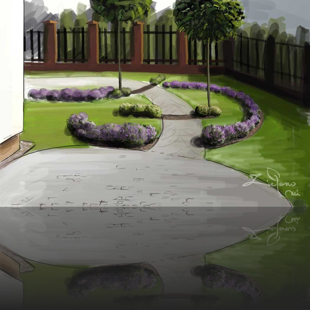 Szkic koncepcyjny ogrodu z okrągłym podjazdem, ścieżką, rabatami z fioletowymi kwiatami i kulistymi drzewami, ukazujący wizję zagospodarowania przestrzeni.